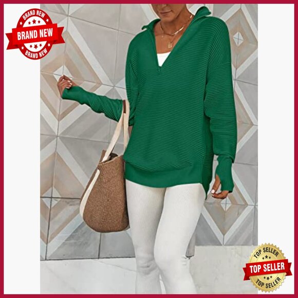 Long Sleeve Quarter Zip Pullover Sweater Ribbed Knit Thumb Hole Loose Fit - Picture 4 of 7